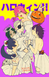 Rule 34 | 2022, 5girls, black hair, black sclera, bone, carrying, carrying person, chainsaw man, closed mouth, colored sclera, crown, cuffs, dated, dress, exposed brain, eyepatch, female focus, garter straps, green hair, hair ornament, halloween, halloween bucket, handcuffs, harem, heart, heart-shaped pupils, horns, jack-o&#039;-lantern, jack-o&#039;-lantern hair ornament, japanese text, long (chainsaw man), multiple girls, open mouth, pingtsi (chainsaw man), pink hair, polygamy, purple hair, quanxi&#039;s group (chainsaw man), quanxi (chainsaw man), red horns, simple background, smile, star (symbol), star hair ornament, stitched face, stitches, symbol-shaped pupils, tsugihagi (chainsaw man), tuxedo, uoyaao, v, wedding dress, white footwear, white hair, wife and wife, wife and wife and wife, yellow eyes, yuri