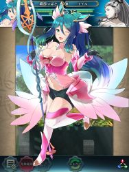 Rule 34 | 2girls, bare shoulders, black gloves, black shorts, blue eyes, blue hair, boots, breasts, cleavage, collarbone, eir (fire emblem), fire emblem, fire emblem heroes, full body, gameplay mechanics, gloves, hair between eyes, hair ornament, health bar, hirotaka (hrtk990203), holding, holding polearm, holding spear, holding weapon, idol, large breasts, long hair, midriff, multiple girls, navel, nintendo, one eye closed, open mouth, oribe tsubasa, polearm, ponytail, short shorts, shorts, spear, thigh boots, thighhighs, tokyo mirage sessions fe, weapon
