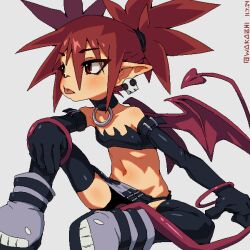 1girl choker demon_girl demon_tail demon_wings disgaea earrings etna_(disgaea) flat_chest highres jewelry looking_to_the_side miniskirt navel o-ring o-ring_choker pointy_ears red_eyes red_hair red_tail red_wings sitting skirt skull_earrings solo tail thighhighs tongue wakazhi wings