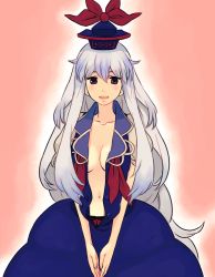 Rule 34 | 1girl, blue hair, breasts, cleavage, collarbone, female focus, hat, jean (jean sp), kamishirasawa keine, large breasts, long hair, no bra, open clothes, open shirt, panties, red eyes, shirt, silver hair, solo, touhou, underwear, very long hair