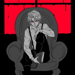 Rule 34 | 1boy, armchair, book, chair, dio brando, highres, holding, holding book, jojo no kimyou na bouken, looking at viewer, partially colored, phantom blood, red eyes, red theme, sitting, solo, suspenders, window, yonchi