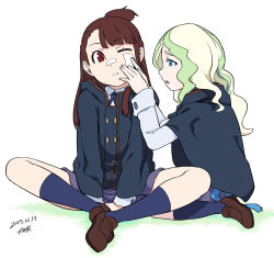 Rule 34 | 2girls, bandaid, bandaid on cheek, bandaid on face, black jacket, blue eyes, blue legwear, brown hair, brown shorts, commentary request, dated, diana cavendish, green hair, indian style, jacket, kagari atsuko, little witch academia, loafers, long hair, long sleeves, multiple girls, one eye closed, parted lips, purple skirt, red eyes, shoes, shorts, signature, simple background, sitting, skirt, socks, topknot, tsukudani (coke-buta), white background