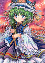 Rule 34 | 1girl, :o, arm ribbon, black skirt, blue eyes, blue hat, blue vest, blush, bow, bowtie, cowboy shot, embellished costume, flower, frilled hat, frilled sleeves, frilled vest, frills, green hair, hat, hat ornament, hat ribbon, holding, long sleeves, looking at viewer, marker (medium), medium hair, parted lips, purple skirt, red ribbon, ribbon, rod of remorse, rui (sugar3), sample watermark, shiki eiki, shirt, skirt, solo, spider lily, touhou, traditional media, vest, watermark, white ribbon, white shirt, white sleeves, wide sleeves