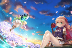 Rule 34 | 2girls, absurdres, apple, arisa (shadowverse), bare legs, barefoot, black shirt, blonde hair, blue eyes, blue sky, blurry, blurry foreground, blush, boots, unworn boots, brown footwear, brown gloves, cherry blossoms, cloud, commentary request, day, depth of field, dress, elbow gloves, fairy, fairy wings, flower, food, fruit, gloves, green eyes, hair between eyes, hair ribbon, high heels, highres, holding, holding food, long hair, low twintails, multiple girls, outdoors, petals, pleated skirt, purple flower, red apple, red ribbon, ribbon, shadowverse, shirt, sidelocks, skirt, sky, sleeveless, sleeveless shirt, spring (season), toenails, tree, twintails, very long hair, water, white dress, white skirt, wings, yuririn poi
