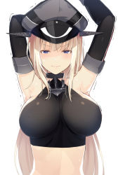 Rule 34 | 1girl, anchor, armpits, arms up, bismarck (kancolle), black gloves, black shirt, blonde hair, blue eyes, breasts, choker, cleavage, commentary request, detached sleeves, elbow gloves, embarrassed, gloves, halter shirt, halterneck, hat, highres, kantai collection, kriegsmarine, large breasts, long hair, meth (emethmeth), midriff, military hat, peaked cap, shirt, smile, solo, sweatdrop, uniform, upper body, white background