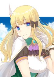 Rule 34 | 1girl, blonde hair, blue eyes, breasts, capelet, cloak, day, hair ribbon, heart, heart-shaped pupils, long hair, looking at viewer, medium breasts, pointy ears, princess connect!, ribbon, ringo no tart, saren (princess connect!), solo, split mouth, symbol-shaped pupils, upper body