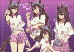 Rule 34 | 1girl, ^ ^, ahoge, animal ears, arinko (twoante), beanie, blush, breasts, brown hair, clenched hands, closed eyes, closed mouth, covering own mouth, ears through headwear, english text, floral print, floral swimsuit, gaze on me! outfit (umamusume), grey headwear, hat, highres, holding, holding clothes, holding hat, horse ears, horse girl, horse tail, long hair, looking at viewer, male swimwear, midriff, multiple views, nakayama festa (umamusume), navel, one eye closed, open mouth, pointing, pointing at viewer, print male swimwear, print swim trunks, print swimsuit, purple eyes, purple male swimwear, purple swim trunks, scrunchie, shirt, small breasts, star (symbol), sweat, swim trunks, swimsuit, tail, tied shirt, translation request, umamusume, white shirt, wrist scrunchie