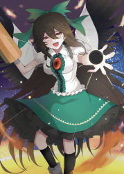 Rule 34 | 1girl, :d, arm cannon, asymmetrical footwear, bird wings, black socks, black wings, bow, cape, commentary, english commentary, green bow, green skirt, hair between eyes, hair bow, highres, kuro wa shinoru, looking at viewer, mismatched footwear, open mouth, red eyes, reiuji utsuho, shirt, short sleeves, skirt, smile, socks, solo, starry sky print, third eye, touhou, weapon, white cape, white shirt, wings