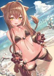 Rule 34 | 1girl, absurdres, aho, animal ears, bikini, breasts, commentary, crossed bangs, dutch angle, fur-trimmed gloves, fur trim, gloves, halterneck, highres, inaba teitoku, indie virtual youtuber, lion ears, lion girl, lion tail, rurudo lion, side-tie bikini bottom, small breasts, string bikini, swimsuit, tail, virtual youtuber