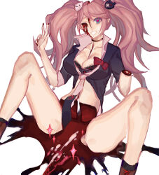 Rule 34 | 1girl, bear hair ornament, black necktie, black shirt, blood, blood on face, blood on ground, blood splatter, bloody tears, blue eyes, bone, bow, bra, breasts, choker, cleavage, collarbone, collared shirt, cum, danganronpa: trigger happy havoc, danganronpa (series), danganronpa 2: goodbye despair, dismembered, dismemberment, enoshima junko, fake nails, falopian tubes, female focus, fingernails, guro, hair ornament, hand up, heart, heart-shaped pupils, hole in head, large breasts, lips, long hair, missing eye, missing limb, missing pelvis, multicolored necktie, nail polish, necktie, open clothes, open shirt, red bow, red nails, severed leg, severed limb, shirt, simple background, smile, solo, star (symbol), symbol-shaped pupils, teeth, twintails, underwear, v, white background, white necktie
