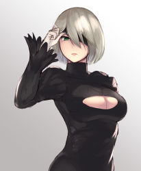Rule 34 | 1girl, adapted costume, alternate eye color, black dress, blindfold, breasts, cleavage, cleavage cutout, clothing cutout, dress, gradient background, green eyes, highres, large breasts, looking at viewer, mole, mole under mouth, nier:automata, nier (series), puffy sleeves, short hair, silver hair, simple background, smile, solo, takinashi (friend coffee), upper body, 2b (nier:automata)