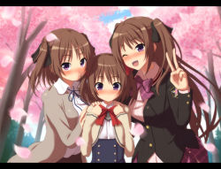 Rule 34 | 1girl, ;d, age comparison, anna (mirai nostalgia), blush, breasts, brown hair, cherry blossoms, girl sandwich, hands on shoulders, large breasts, long hair, medium breasts, mirai nostalgia, one eye closed, open mouth, purple eyes, sandwiched, school uniform, skirt, smile, solo, tree, two side up, v, wink, yatsuashi matomo