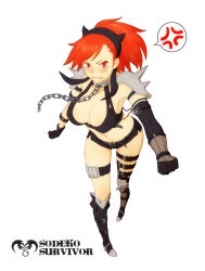 Rule 34 | 1girl, anger vein, belt, black gloves, black shorts, blush, breasts, chain, cleavage, collar, cosplay, frown, full body, gloves, hecate (megami tensei), highres, large breasts, long legs, matching hair/eyes, devil survivor, megami tensei, metal collar, red eyes, red hair, short shorts, shorts, shoulder spikes, spiked kneepads, spikes, tanigawa yuzu, tearing up, tears