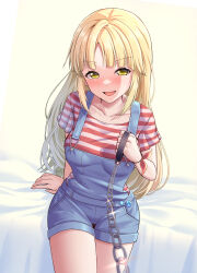 Rule 34 | 1girl, absurdres, arm at side, bang dream!, bed sheet, blonde hair, blue overalls, blunt bangs, blurry, blurry foreground, blush, bracelet, breasts, chain, collarbone, commentary request, cowboy shot, glint, hand up, highres, holding, holding leash, jewelry, korean commentary, leash, long hair, looking at viewer, medium breasts, mixed-language commentary, overalls, parted lips, pocket, pov, ptal, red shirt, shirt, short sleeves, sitting, smile, solo, striped clothes, striped shirt, thigh gap, tsurumaki kokoro, very long hair, viewer on leash, yellow background, yellow eyes