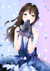 Rule 34 | 10s, 1girl, bad id, bad pixiv id, bare shoulders, black bow, blue bow, blue dress, blush, bow, breasts, brown hair, confetti, covered mouth, cowboy shot, dress, earrings, floral print, flower, furururu, gloves, gradient background, green eyes, hair bow, hair flower, hair ornament, highres, holding, holding microphone, idolmaster, idolmaster cinderella girls, idolmaster cinderella girls starlight stage, jewelry, long hair, looking at viewer, microphone, necklace, own hands together, sash, see-through, shibuya rin, sleeveless, sleeveless dress, small breasts, solo, standing