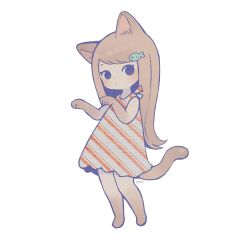 Rule 34 | 1girl, animal ears, ayu (mog), barefoot, blush, brown hair, cat ears, cat tail, closed mouth, dark skin, dark-skinned female, diagonal stripes, dress, fish hair ornament, full body, hair ornament, long hair, looking at viewer, no nose, original, paw pose, signature, simple background, solo, striped, tail, white background