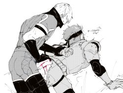 Rule 34 | 2boys, abuse, anal, artist request, blood, clothed sex, clothes, doggystyle, frank jaeger, gloves, grey fox, greyscale, headband, male focus, male penetrated, mask, metal gear (series), metal gear solid: portable ops, monochrome, mouth mask, multiple boys, null (metal gear), pain, pants, sex, sex from behind, simple background, solid snake, spot color, tagme, text focus, torn clothes, white background, yaoi