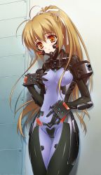 Rule 34 | 1girl, against wall, antenna hair, blush, bodysuit, bow, breasts, breasts apart, brown hair, carnelian, covered erect nipples, covered navel, game cg, hair bow, hair ribbon, head tilt, high ponytail, highres, indoors, katia waldheim, long hair, looking down, muv-luv, muv-luv alternative, official art, parted lips, ribbon, schwarzesmarken, shiny clothes, small breasts, solo, standing, very long hair, white ribbon, yellow eyes