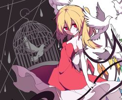 Rule 34 | 1girl, alternate costume, back bow, bing zizi, bird, birdcage, black background, blonde hair, bow, cage, chinese commentary, commentary request, cowboy shot, crystal, dove, dress, elbow gloves, flandre scarlet, gloves, hair between eyes, holding, holding polearm, holding spear, holding weapon, laevatein, long hair, looking at viewer, polearm, red dress, red eyes, side ponytail, solo, spear, strapless, strapless dress, touhou, weapon, white background, white bow, white gloves, wings