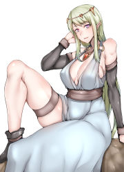 Rule 34 | 1girl, :d, absurdres, bare shoulders, blonde hair, breasts, circlet, cleavage, commentary request, detached sleeves, earrings, elf, gggg, highres, jewelry, large breasts, long hair, looking at viewer, necklace, open mouth, original, parted lips, pointy ears, purple eyes, sash, simple background, sitting, smile, solo, white background