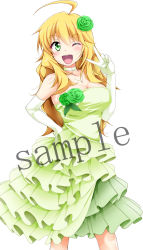 Rule 34 | 1girl, ahoge, blonde hair, blush, breasts, choker, cleavage, dress, elbow gloves, flower, frilled dress, frills, gloves, green dress, green eyes, green flower, green rose, green skirt, highres, hoshii miki, idolmaster, idolmaster (classic), large breasts, long hair, looking at viewer, one eye closed, open mouth, rose, sample watermark, simple background, skirt, solo, tjk, v, watermark, white background, white gloves, wink, yopparai oni