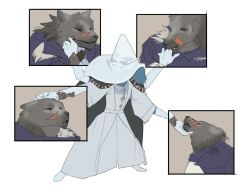 Rule 34 | 1boy, 1girl, biting, blaidd the half-wolf, dress, elden ring, extra arms, finger biting, full body, furry, furry male, hat, headpat, legs apart, log 0log, meme, petting, ranni the witch, simple background, white background, wide sleeves, witch hat
