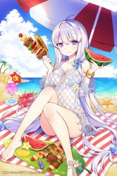 Rule 34 | 1girl, age of ishtaria, ahoge, bare legs, bare shoulders, barefoot, beach, beach mat, beach umbrella, bikini, blue bikini, blue sky, breasts, byulzzi, cleavage, closed mouth, cloud, collarbone, copyright notice, cup, day, dragon fruit, drinking glass, fishnet top, fishnets, flower, flower bracelet, food, fruit, hair bobbles, hair ornament, hands up, hibiscus, holding, holding food, horizon, hurricane glass, kebab, knees up, large breasts, long hair, looking at viewer, navel, ocean, official art, outdoors, palm tree, purple eyes, side-tie bikini bottom, sitting, sky, smile, solo, starfish, striped bikini, striped clothes, swimsuit, tassel, thighs, tree, tropical drink, umbrella, very long hair, watermark, watermelon, white hair