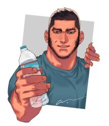 Rule 34 | 1boy, bara, beard, beard stubble, bottle, buzz cut, cropped torso, dark-skinned male, dark skin, facial hair, golden kamuy, incoming drink, jo tuesday19, large pectorals, long sideburns, looking at viewer, male focus, mature male, muscular, muscular male, outstretched hand, pectorals, scar, scar on face, short hair, sideburns, smile, solo, stubble, tanigaki genjirou, thick eyebrows, very short hair, water bottle