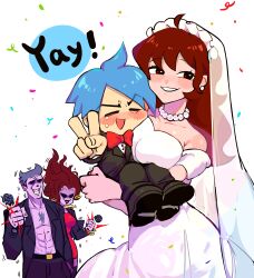 Rule 34 | 2boys, 2girls, absurdres, ahoge, angry, benzbt, black coat, black eyes, black pants, blue hair, blush, bow, bowtie, boyfriend (friday night funkin&#039;), breaking, breasts, bridal veil, bride, brown hair, carrying, closed eyes, coat, colored skin, daddy dearest, dress, earrings, false smile, friday night funkin&#039;, girlfriend&#039;s dad (friday night funkin&#039;), girlfriend (friday night funkin&#039;), grey hair, grin, happy tears, heart, heart in eye, highres, hoop earrings, husband and wife, jewelry, large breasts, microphone, mommy mearest, multiple boys, multiple girls, necklace, open mouth, pants, pearl necklace, princess carry, purple skin, red bow, red dress, smile, symbol in eye, tears, v, veil, wedding dress, white dress