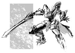 Rule 34 | airborne, greyscale, highres, holding, holding sword, holding weapon, j-10 (muv-luv), kawasemi alter, looking down, mecha, monochrome, muv-luv, muv-luv alternative, no humans, open hand, robot, sketch, solo, sword, tactical surface fighter, weapon