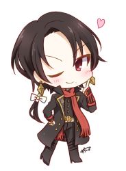 Rule 34 | 10s, 1boy, ;), boots, brown hair, chibi, earrings, full body, heart, high heel boots, high heels, jewelry, kashuu kiyomitsu, male focus, mole, mole under mouth, one eye closed, personification, ponytail, red eyes, scarf, smile, solo, suzushirokei, touken ranbu