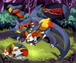 Rule 34 | 1boy, 1girl, ahegao, all fours, animal ears, animal hands, artist name, bent over, biting, black sclera, blush, braixen, bush, cherrysnak, claws, clenched teeth, clitoris, closed eyes, colored sclera, creatures (company), cross-section, cum, cum in pussy, cumdrip, dragon, erection, fangs, feet, fox ears, fox tail, full body, furry, game freak, garchomp, gen 4 pokemon, gen 6 pokemon, grass, half-closed eyes, hand on head, heart, hetero, highres, interspecies, looking up, multiple views, nintendo, open mouth, outdoors, penis, pokemon, pokemon (creature), pokemon dppt, pokemon xy, pokephilia, pussy, red eyes, rolling eyes, sex, sharp teeth, smile, spoken heart, standing, stick, tail, teeth, text focus, tongue, tree, uncensored, vaginal, wings, yellow eyes