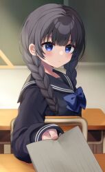 Rule 34 | 1girl, :|, absurdres, black hair, black sailor collar, black shirt, blue bow, blue bowtie, blue eyes, blush, bow, bowtie, braid, chair, classroom, closed mouth, day, desk, expressionless, from side, hair between eyes, hair over shoulder, highres, holding, holding paper, incoming gift, indoors, long hair, long sleeves, looking at viewer, low twin braids, minami saki, original, paper, sailor collar, school desk, school uniform, serafuku, shirt, sidelocks, sitting, sleeve cuffs, solo, twin braids, upper body