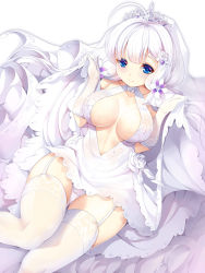 Rule 34 | 1girl, ahoge, azur lane, blue eyes, blush, breasts, breasts apart, cleavage cutout, closed mouth, clothing cutout, collarbone, commentary request, dress, elbow gloves, flower, garter straps, gloves, hair flower, hair ornament, highres, illustrious (azur lane), illustrious (morning star of love and hope) (azur lane), koflif, large breasts, long hair, panties, purple flower, ribbon, rose, silver hair, skirt hold, sleeveless, sleeveless dress, smile, solo, thighhighs, tiara, underwear, very long hair, wedding dress, white background, white dress, white flower, white gloves, white panties, white ribbon, white rose, white thighhighs