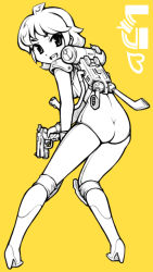 Rule 34 | 1girl, 1zu3, ass, bad id, bad pixiv id, boots, copyright name, full body, gun, heart, knee boots, layla (character), layla (game), leotard, looking back, monochrome, short hair, simple background, smile, solo, weapon, yellow background