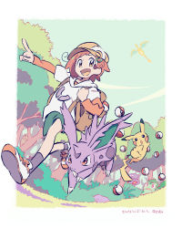 Rule 34 | 1girl, :d, arbok, backpack, bag, brown bag, bulbasaur, bush, charizard, commentary request, creatures (company), day, flame-tipped tail, from below, game freak, gen 1 pokemon, green shorts, hair ornament, hairclip, hat, highres, kakuna, long sleeves, looking down, lower teeth only, nidoran, nidoran (male), nintendo, official art, open mouth, orange headwear, orange shirt, outdoors, pikachu, poke ball, poke ball (basic), pokemon, pokemon (anime), pokemon (creature), poketoon, shirt, short hair, shorts, smile, teeth, tongue, translation request, tree, blossom (pokemon)