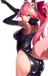 Rule 34 | 1girl, :d, animal ears, arms up, ass, black bodysuit, blush, bodysuit, bow, breasts, choker, clothing cutout, cowboy shot, eyewear strap, fang, fate/grand order, fate (series), fox ears, fox tail, from behind, glasses, grey-framed eyewear, hair bow, hand on own arm, highres, hip focus, koyanskaya (assassin) (first ascension) (fate), koyanskaya (fate), large bow, large breasts, latex, long hair, looking at viewer, looking back, nanasumi (pantie party project), open mouth, over-rim eyewear, pink bow, pink hair, semi-rimless eyewear, shiny clothes, shiny skin, sidelocks, simple background, skin tight, smile, solo, standing, tail, tail through clothes, tamamo (fate), thick eyebrows, thighs, very long hair, white background, wide hips, yellow eyes