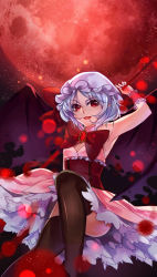 Rule 34 | 1girl, aer (tengqiu), alternate costume, bat wings, black thighhighs, breasts, cleavage cutout, clothing cutout, dress, highres, light purple hair, lipstick, makeup, moon, over shoulder, pink dress, red eyes, red moon, remilia scarlet, short hair, small breasts, solo, spear the gungnir, thighhighs, thighs, touhou, weapon, weapon over shoulder, wings