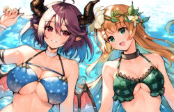 Rule 34 | 2girls, :d, ahoge, anne (shingeki no bahamut), bad id, bad pixiv id, bandaged arm, bandages, bare shoulders, bikini, blue bikini, blue hair, blunt bangs, breasts, choker, cleavage, collarbone, commentary request, flower, from above, gradient hair, grea (shingeki no bahamut), green bikini, greyscale, hair flower, hair ornament, horns, koretsuki azuma, large breasts, leaf, looking at another, looking at viewer, looking to the side, lying, medium breasts, monochrome, multicolored hair, multiple girls, on back, open mouth, orange hair, parted lips, purple hair, red eyes, red wings, shingeki no bahamut, short hair, smile, swimsuit, teeth, underboob, upper body, upper teeth only, water, white choker, white flower, wings