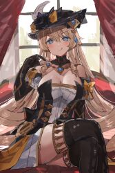 Rule 34 | 1girl, bare shoulders, black headwear, black thighhighs, blonde hair, blue eyes, blue hair, bow, breasts, cleavage, commentary request, curtains, drill hair, drill sidelocks, genshin impact, highres, long hair, looking at viewer, medium breasts, navia (genshin impact), sidelocks, sitting, solo, the olphy, thighhighs, thighs, very long hair, window, yellow bow
