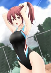 Rule 34 | 10s, 1girl, arms up, competition swimsuit, free!, fuuma nagi, long hair, matsuoka gou, one-piece swimsuit, ponytail, red eyes, red hair, swimsuit