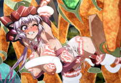 1girl adama0s0284 ahoge armpits arms_up bound breasts censored covered_erect_nipples dissolving_clothes headgear hetero highres large_breasts leotard long_hair low_twintails monster nipples noise_(symphogear) one_eye_closed penis pink_leotard puffy_nipples purple_eyes pussy rape restrained senki_zesshou_symphogear sex shiny_clothes shiny_skin solo_focus sweat tentacles thighhighs twintails vaginal very_long_hair yukine_chris