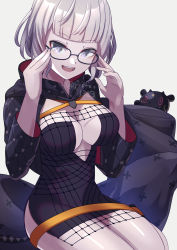 Rule 34 | 1girl, belt, black dress, black jacket, blue eyes, breasts, cleavage, cropped jacket, dress, fate/grand order, fate (series), glasses, grey hair, highres, hood, hooded jacket, jacket, jacques de molay (foreigner) (fate), lamb, large breasts, long sleeves, looking at viewer, open clothes, open jacket, open mouth, ryofuhiko, sheep, short dress, short hair, smile, thighs