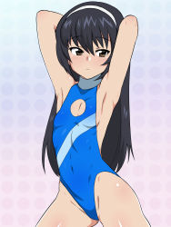 Rule 34 | 10s, 1girl, arms behind head, black hair, brown eyes, casual one-piece swimsuit, cleavage cutout, clothing cutout, flat chest, girls und panzer, hairband, highleg, highleg swimsuit, highres, kagemusha, one-piece swimsuit, reizei mako, solo, standing, swimsuit