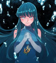 Rule 34 | 1girl, bishoujo senshi sailor moon, black background, blue dress, blue eyes, blue gloves, blue hair, breasts, bubble, dress, earrings, elbow gloves, gloves, interlocked fingers, jewelry, long hair, lycoriscoris0813 (12), necklace, own hands clasped, own hands together, solo, thetis (sailor moon), underwater, very long hair