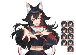Rule 34 | 1girl, absurdres, animal ear fluff, animal ears, black hair, black serafuku, black shirt, black skirt, black sleeves, choker, copyright name, cropped shirt, detached sleeves, hair ornament, hairpin, hand on own chest, highres, hololive, long hair, looking at viewer, multicolored hair, navel, ookami mio, ookami mio (1st costume), open mouth, outstretched hand, red choker, red hair, sailor collar, school uniform, serafuku, shirt, sinomi, skirt, streaked hair, virtual youtuber, white sailor collar, wolf ears, wolf girl, yellow eyes