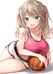 Rule 34 | 1girl, :d, armpit crease, ball, bare arms, bare shoulders, basketball, basketball (object), breasts, brown hair, cleavage, collarbone, crop top, dolphin shorts, green eyes, highres, large breasts, long hair, looking at viewer, micro shorts, midriff, multicolored hair, navel, open mouth, original, oryo (oryo04), short shorts, shorts, sidelocks, simple background, sitting, sleeveless, smile, solo, sports bra, stomach, streaked hair, thighs, twintails, white background, white shorts, yokozuwari