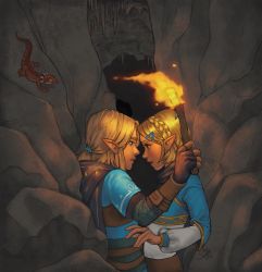 Rule 34 | 1boy, 1girl, blonde hair, blue shirt, blue tunic, brown gloves, cave, face-to-face, fingernails, gloves, hair ornament, hair tie, hairclip, highres, holding, holding torch, link, lizard, long sleeves, looking at another, medium hair, nintendo, parted bangs, parted lips, pointy ears, princess zelda, puffy long sleeves, puffy sleeves, shirt, shirt under shirt, short hair, sidelocks, softysketch, sweat, nervous sweating, the legend of zelda, the legend of zelda: breath of the wild, the legend of zelda: tears of the kingdom, torch, upper body, white shirt