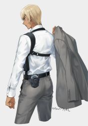 Rule 34 | 1boy, amuro tooru, arm at side, ass, belt, blonde hair, clenched hand, closed mouth, collared shirt, commentary request, cropped legs, cuffs, dark-skinned male, dark skin, facing away, from behind, grey background, grey jacket, grey pants, handcuffs, holding, holding clothes, holding jacket, indesign, jacket, unworn jacket, long sleeves, male focus, meitantei conan, pants, shirt, shirt tucked in, short hair, signature, simple background, solo, standing, white shirt
