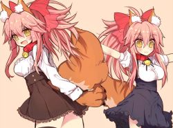 Rule 34 | 1girl, :3, :d, animal ears, animal hands, artist request, bad id, bad twitter id, bell, blush, bow, breasts, collar, fang, fate/grand order, fate (series), fox ears, fox tail, gloves, hair bow, high-waist skirt, large breasts, long hair, long sleeves, meme attire, multiple views, neck bell, open mouth, paw gloves, pink hair, ponytail, sidelocks, skirt, smile, tail, tamamo (fate), tamamo cat (fate), tamamo no mae (fate/extra), virgin killer outfit, yellow eyes